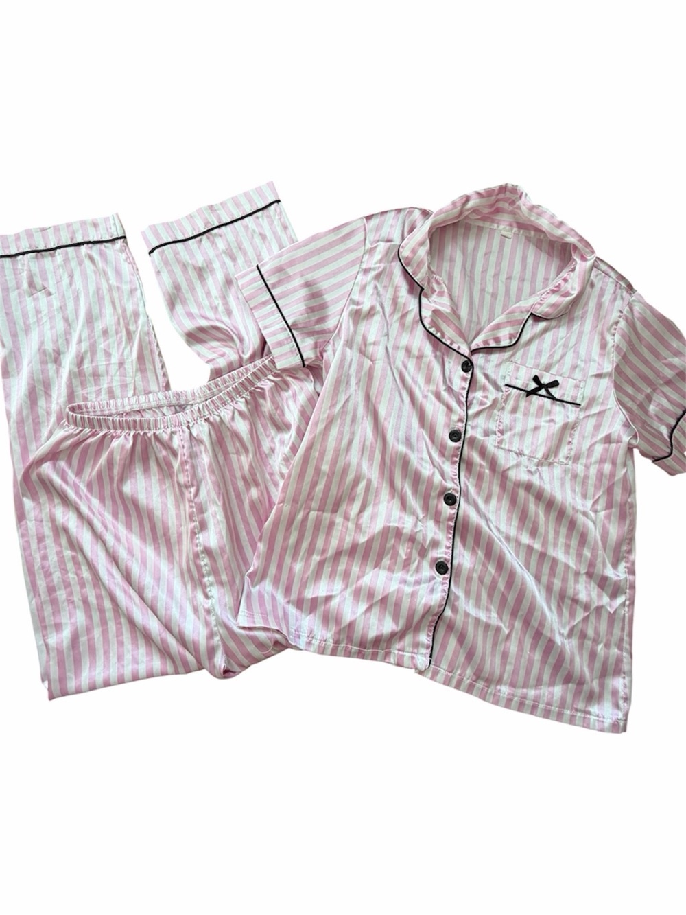 Pink Striped Pajama Set Bow Button Front Coquette Y2K Soft Girl Sleepwear